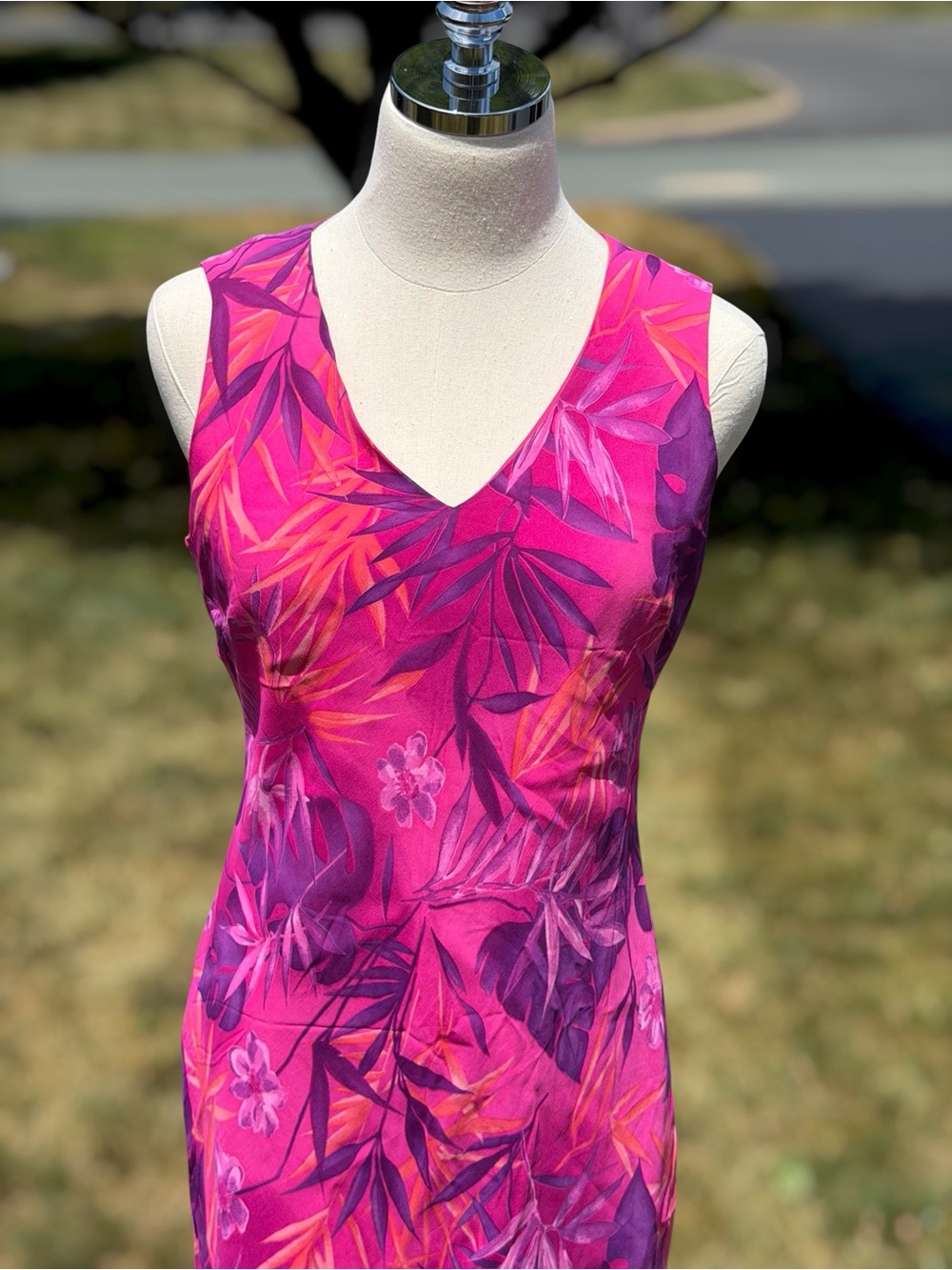 Vintage 90s Evan Picone Tropical Floral Pink Rayon Sleeveless Midi Dress Resort - Picture 2 of 9